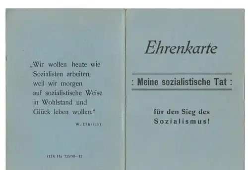 Ehrenkarte Meine sozialistische Tat für den Sieg des Sozialismus DDR 1958 