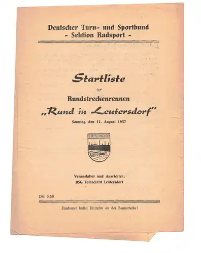 Startliste Rundstreckenrennen Rund un Leutersdorf Radsport Radrennen 1957