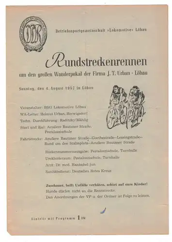 Rundstreckenrennen Wanderpokal Lokomotive Löbau 1957 Radsport Radrennen