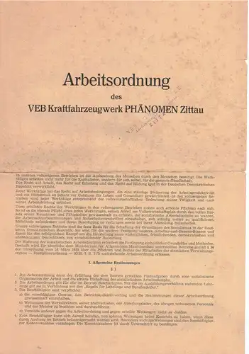 Arbeitsordnung des VEB Kraftfahrzeugwerk Phänomen Zittau 1956