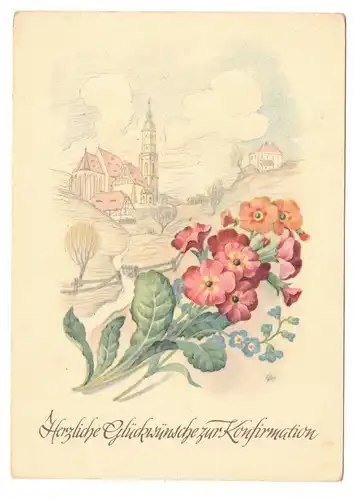 Künstler Ak Blumen Kirche Konfirmation Glückwunsch 1958 Müller Erdmannsdorf 