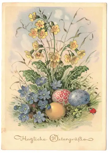 Künstler Ak Blumen Osterei Marienkäfer Herzliche Ostergrüße 1953 DDR 