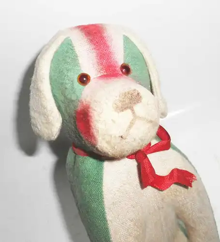 Alter Plüsch Hund dog Vintage Glasaugen Holzwolle 20 cm Bulldogge 1930er !