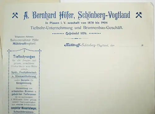 Konvolut Bernhard Höfer Schönberg Vogtland Tiefbohrung Brunnenbau um 1910 Erdboh