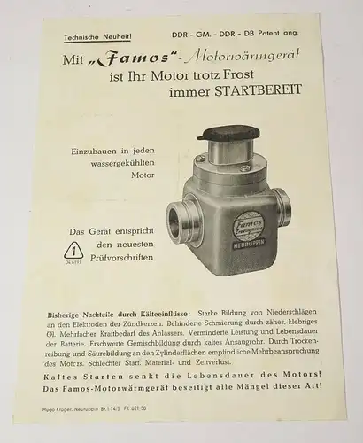 Werbeblatt Famos Motorwärmgerät Otto Woelk Neuruppin 1958