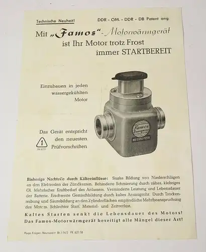 Werbeblatt Famos Motorwärmgerät Otto Woelk Neuruppin 1958 