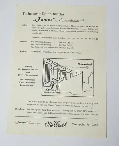 Werbeblatt Famos Motorwärmgerät Otto Woelk Neuruppin 1958 