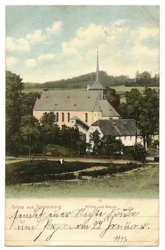 Litho Ak Gruss aus Spremberg Kirche und Schule 1911