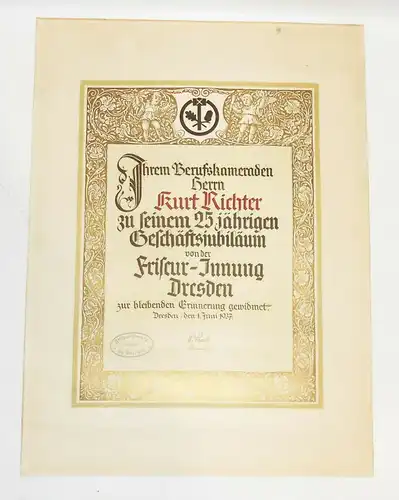 Urkunde 25jähriges Geschäftsjubiläum Friseur Innung Dresden 1937 !