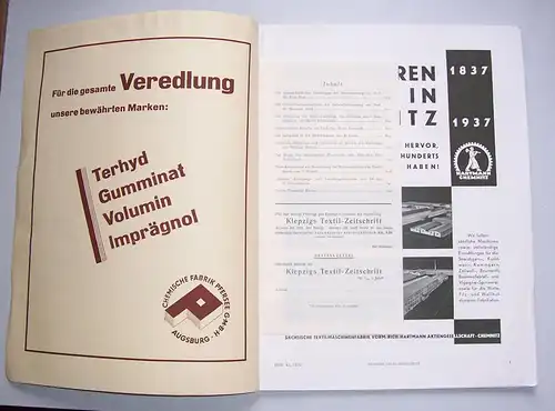 Klepzig`s Textil Zeitschrift für die gesamte Textilindustrie 1937 viel Reklame