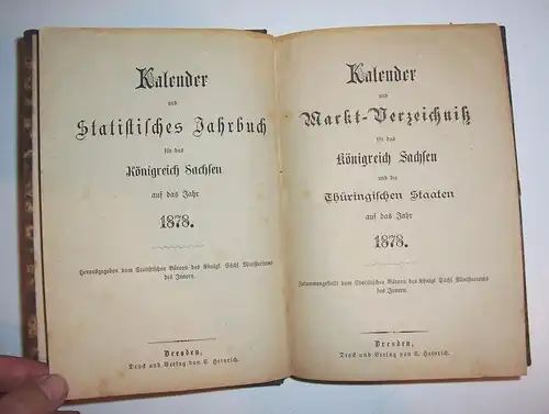 Kalender Markverzeichnis Statistisches Jahrbuch Sachsen 1878 Thüringen !