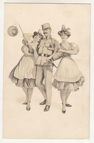 Künstler Ak k.u.k. Soldat mit zwei Geliebten Damen um 1910 !