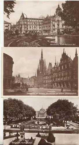 3 x Ak Wiesbaden Hotel Nassauer Hof Kurhausplatz Schloßplatz um 1920