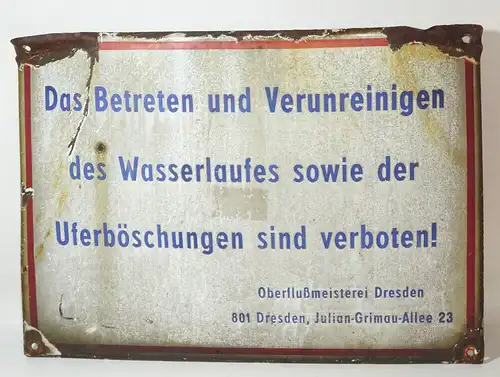 Altes Emailschild Oberflußmeisterei Dresden Elbe Betreten Verunreinigen Vintage