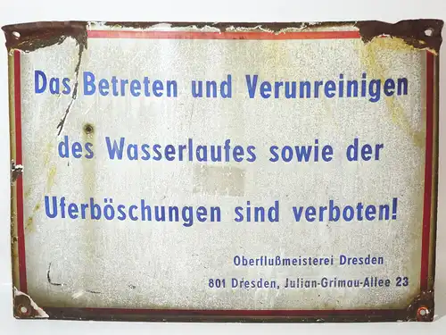 Altes Emailschild Oberflußmeisterei Dresden Elbe Betreten Verunreinigen Vintage