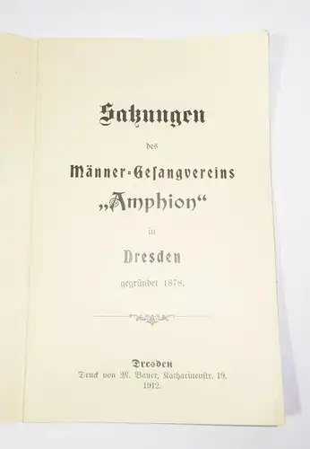 Mitgliedskarte + Statuten Männergesangsverein Amphion Dresden 1912 ! (D