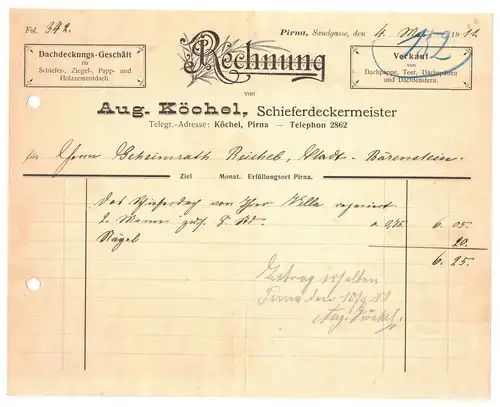 Rechnung August Köchel Pirna Schieferdeckermeister Dachdecker 1911