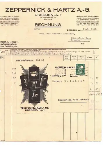 Lot Rechnungen Postkarte Zeppernick und Hartz Dresden Pumpen Ventile 1928