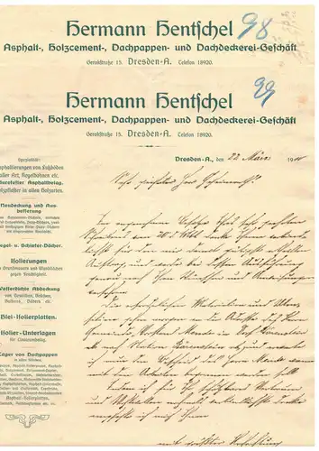 2 x Briefkopf Hermann Hentschel Asphalt Dachpappen Dresden A 1910