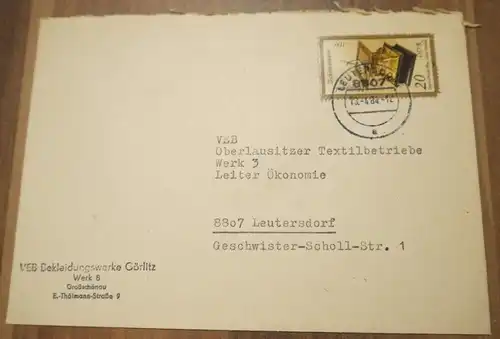 VEB Bekleidungswerke Görlitz Firmenbrief DDR 1984