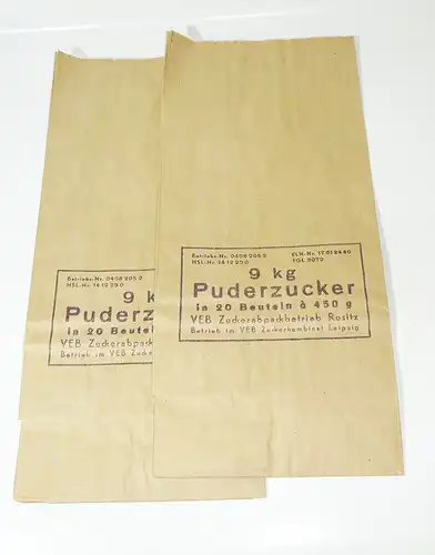 DDR Papiertüte 2 St Puderzucker Rositz Requisit Laden Reklame Deko