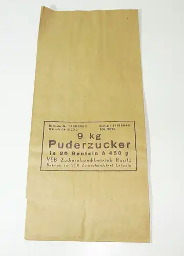 DDR Papiertüte 2 St Puderzucker Rositz Requisit Laden Reklame Deko