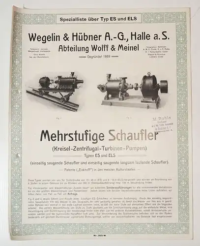 Prospekt Wegelin u Hübner AG Halle Saale mehrstufige Schaufler Maschinenbau 1920