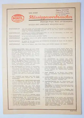 Hinweis Blatt VEB Minol Was jeder Flüssiggasverbraucher wissen muss 1958 (D8