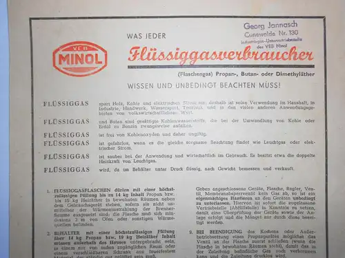 Hinweis Blatt VEB Minol Was jeder Flüssiggasverbraucher wissen muss 1958 (D8