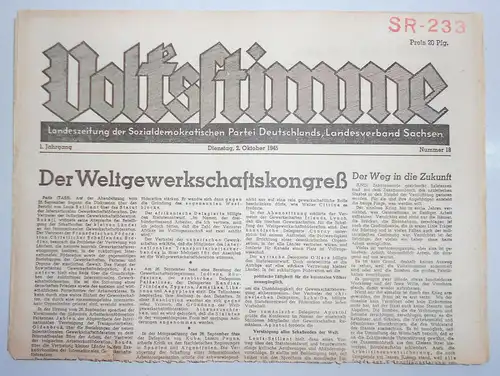 Zeitung Oktober 1945 Volksstimme Landeszeitung der SPD Sachsen Nr. 18