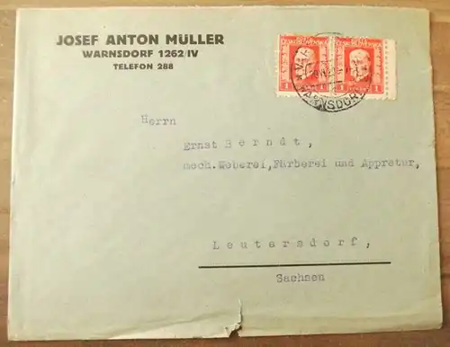 Firmenbrief Josef Anton Müller Warnsdorf Böhmen 1929