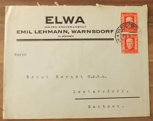 Firmenbrief ELWA Walzen Gravier Anstalt Brief Warnsdorf Böhmen