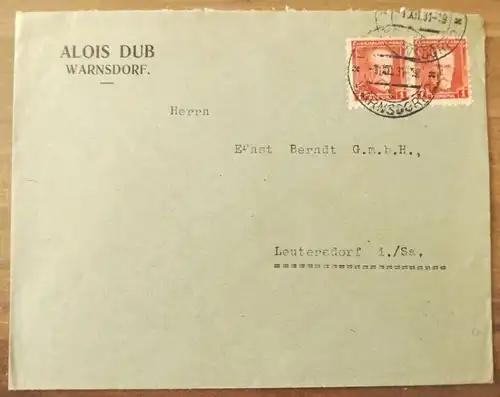 Firmenbrief Alois Dub Warnsdorf Brief 1931 Böhmen