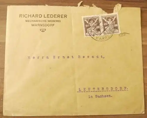 Brief Böhmen Warnsdorf Richard Lederer Mechanische Weberei Firmenbrief