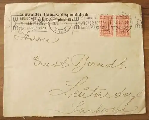 Firmenbrief Tannwalder Baumwollspinnfabrik Österreich Wien Brief 1923