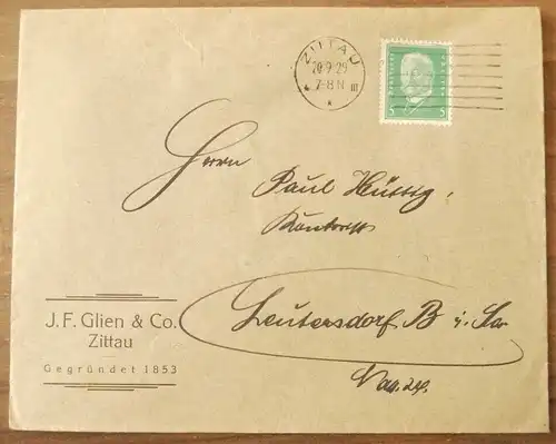 Brief J F Glien und Co Zittau DR 1929 Firmenbrief Sachsen
