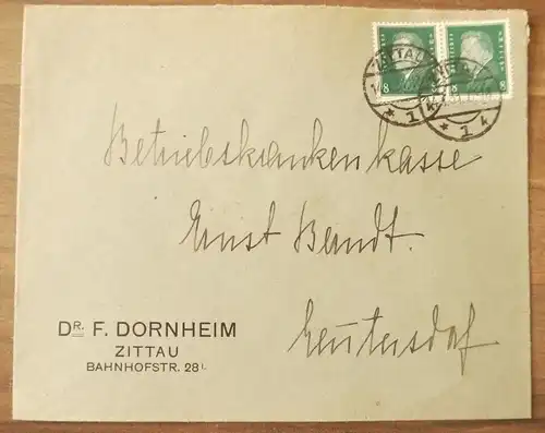 Firmenbrief DR 1931 F Dornheim Zittau an Betriebskrankenkasse Ernst Berndt Leute