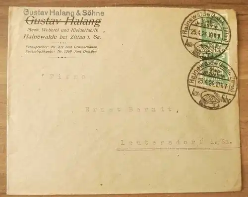 Firmenbrief Gustav Halang und Söhne Mechanische Weberei und Kleiderfabrik DR 192