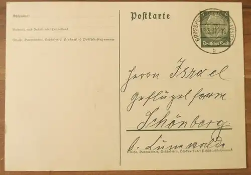 Brief Deutsches Reich Postkarte Schönberg Sachsen 1937