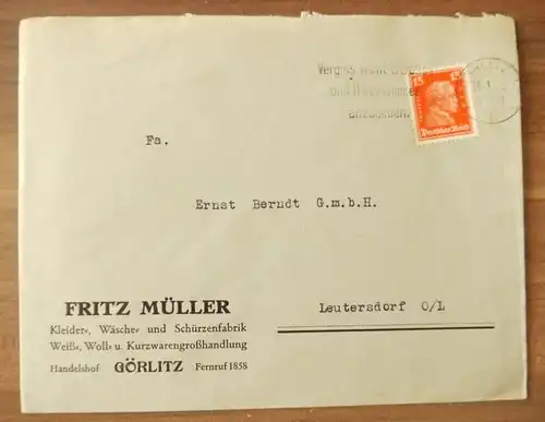 Firmenbrief Fritz Müller Kleider Wäsche und Schürzenfabrik Görlitz DR 1928