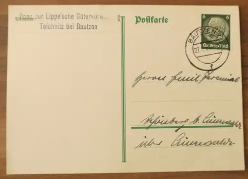 Postkarte Brief Prinz zur Lippeesche Güterverwaltung Teichnitz Bautzen Sachsen D