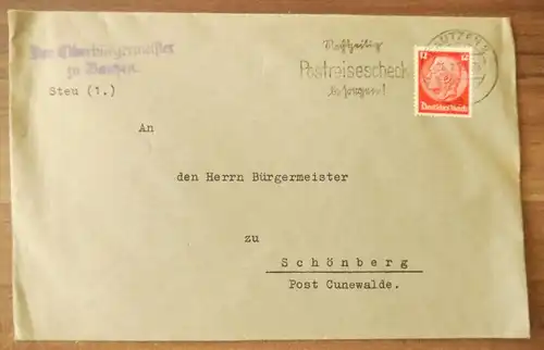 Brief Oberbürgermeister Bautzen DR 1939 Postreisecheck