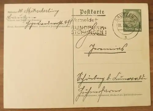 Brief Bautzen Postkarte DR 1937 Vermeidet Rundfunkstörungen