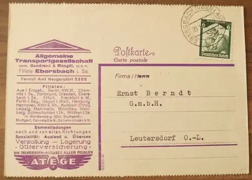Postkarte Firmenbrief DR Allgemeine Transportgesellschaft 1935 Ebersbach