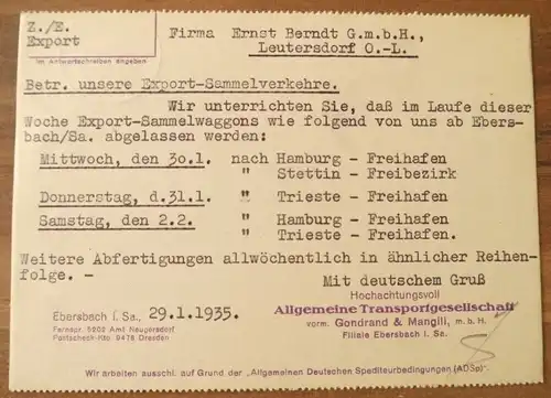 Postkarte Firmenbrief DR Allgemeine Transportgesellschaft 1935 Ebersbach