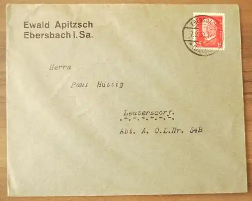 Brief DR Ewald Apitzsch Ebersbach Sachsen 1930 Deutsches Reich