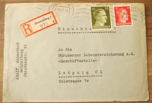 Firmenbrief Adolf Schaubhut Heidelberg 1943 R-Brief