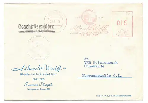 Firmen Brief Albrecht Wolf Wachstuch Konfektion Treuen Vogtland 1961