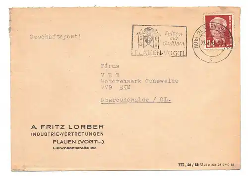 Firmen Brief 1953 Lorber Industrie Vertretung Plauen Vogtland