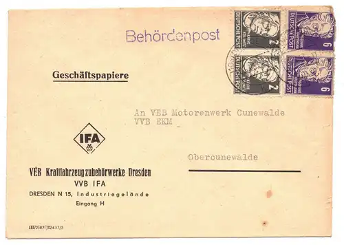 Brief 1953 VEB Kraftfahrzeug Zubehörwerke Dresden N 15 Ifa